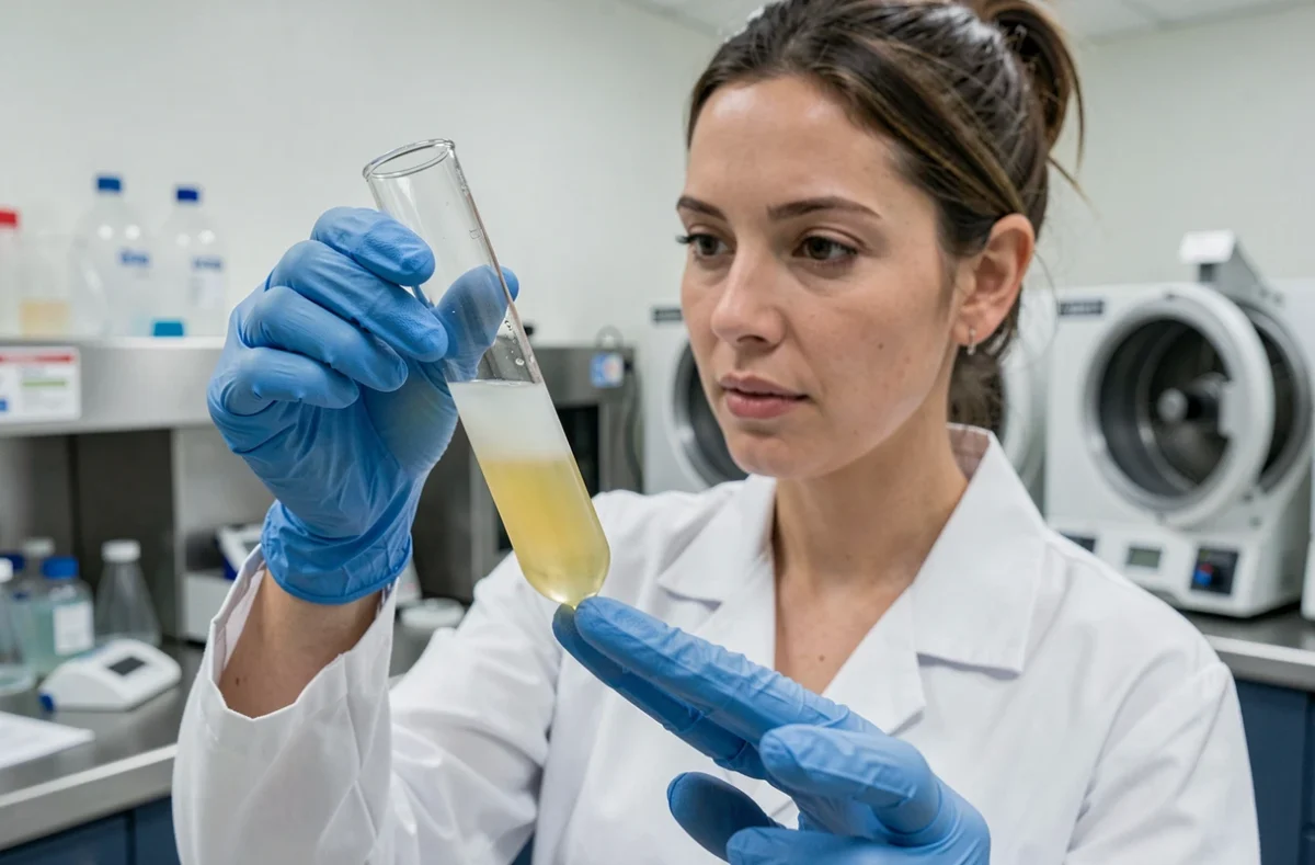 Technicienne de laboratoire tenant un tube de sérum opalescent après lipémie postprandiale