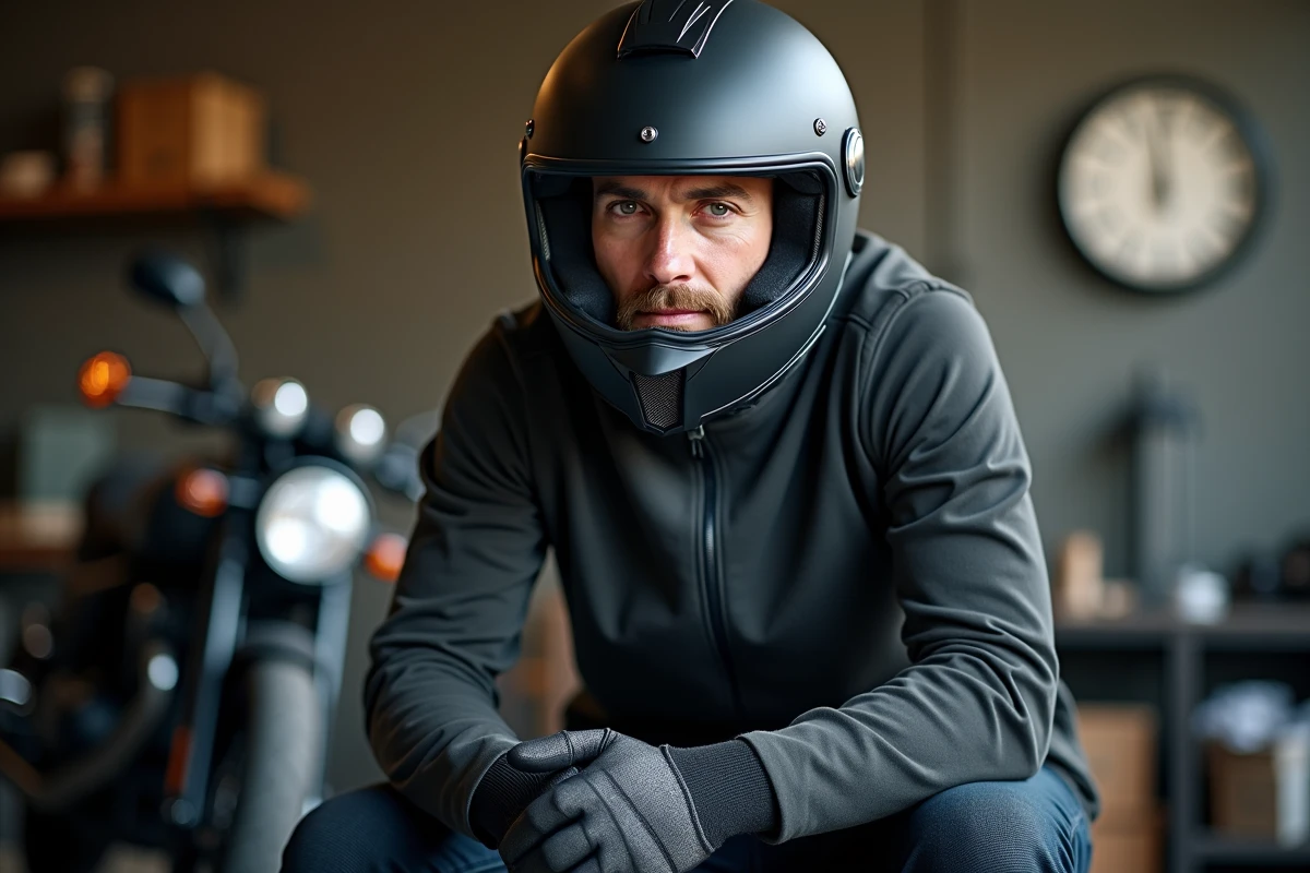 Motocycliste portant son casque par sessions progressives pour accélérer le rodage des mousses intérieures
