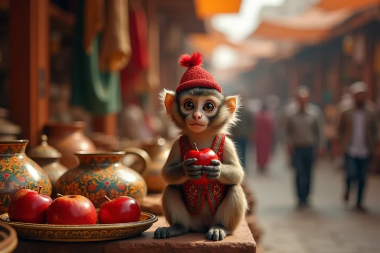 Petit singe capucin portant un fez rouge et un gilet brodé dans un bazar oriental coloré, tenant une pomme, inspiré du personnage d'Abu dans Aladdin Disney