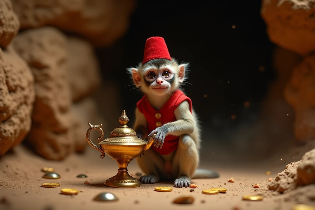 Singe capucin en costume rouge perché sur une lampe dorée dans une grotte aux trésors, référence directe au personnage Abu dans le film Aladdin de Disney