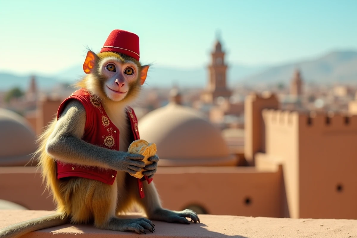 Singe capucin en fez rouge sur une terrasse avec vue sur une ville orientale, évoquant les aventures du personnage Abu dans Aladdin Disney