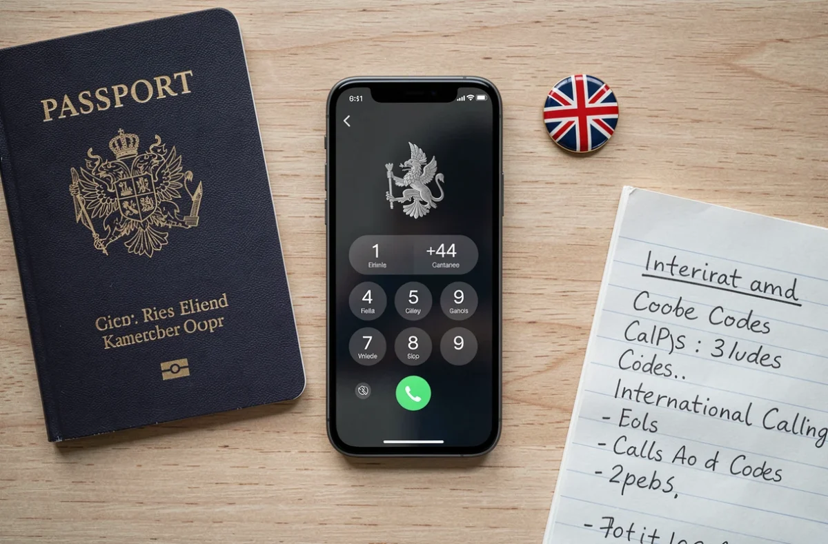 Gros plan d'un smartphone affichant l'indicatif +44 posé à côté d'un passeport britannique, illustrant l'indicatif téléphonique du Royaume-Uni