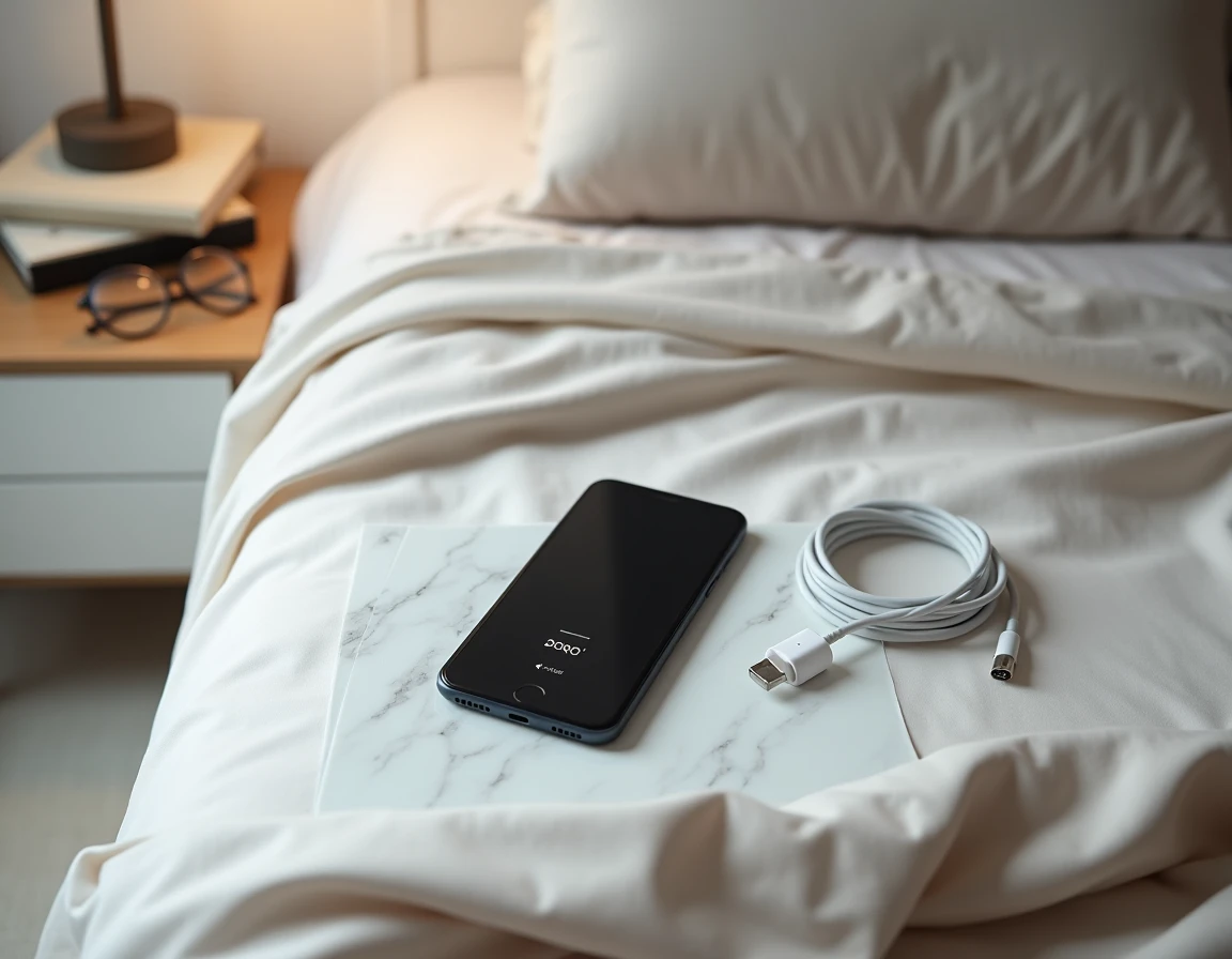 Téléphone Doro en charge sur une table de nuit avec câble USB et icône de batterie visible à l'écran