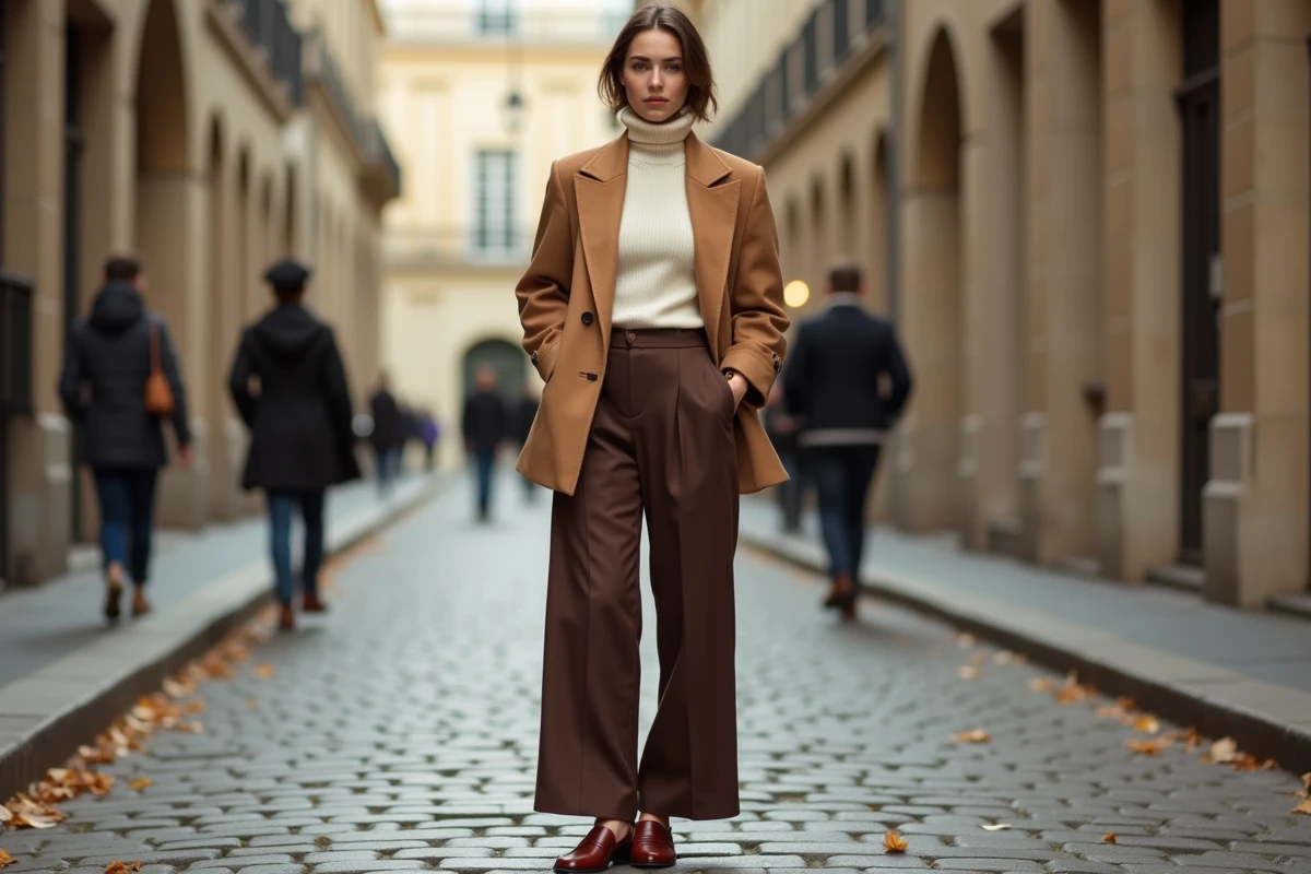 Femme élégante portant un blazer camel oversize et un pantalon large chocolat dans une rue pavée parisienne en automne, tendances mode saison