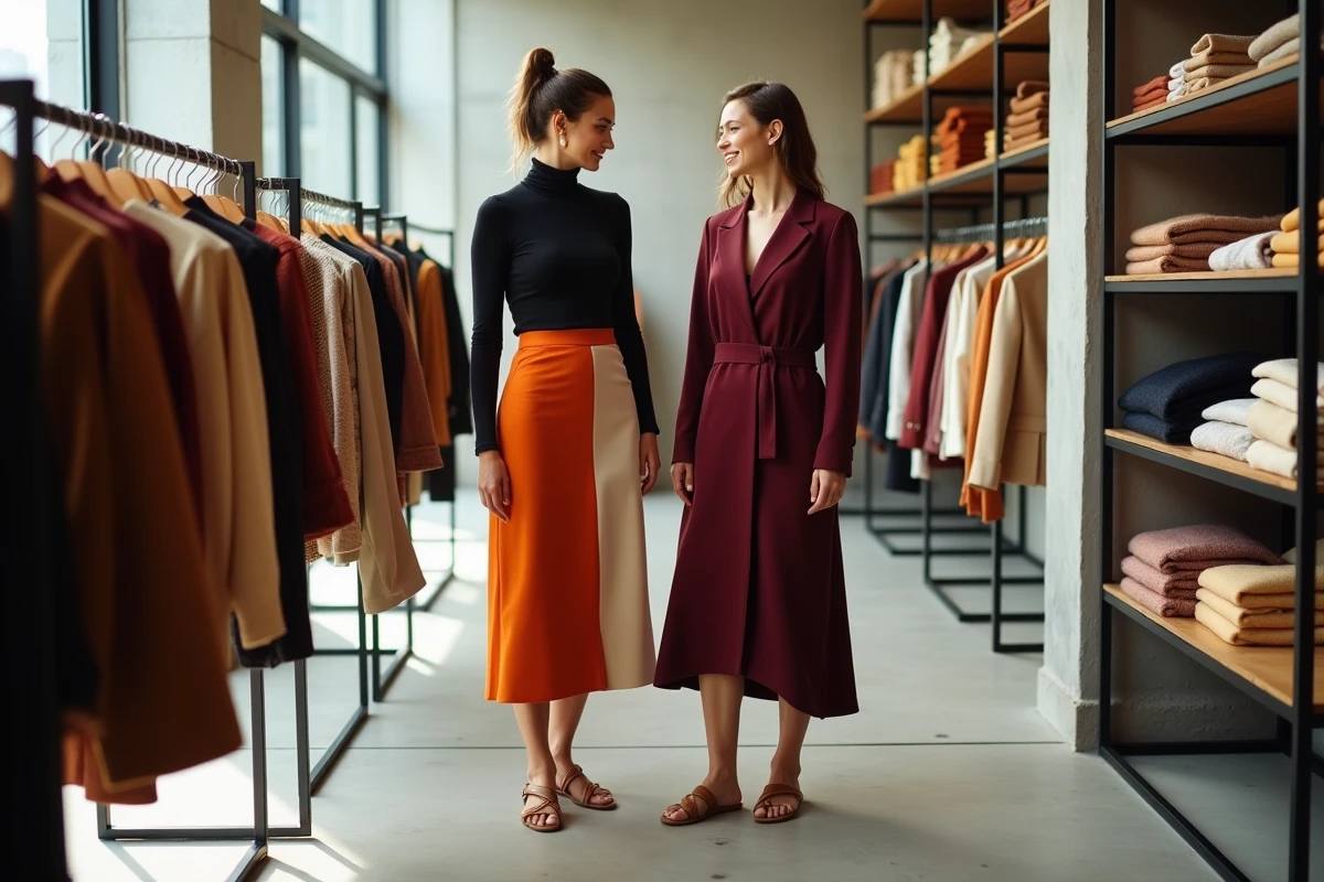Deux femmes tendance choisissant des vêtements dans un concept store moderne, jupe color-block et robe blazer bordeaux, mode féminine saison