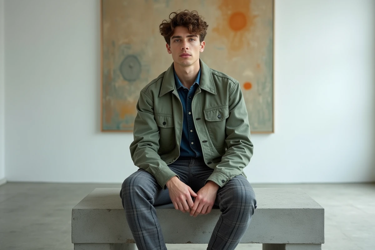 Jeune homme stylé en veste workwear vert sauge et pantalon à carreaux assis dans une galerie d'art contemporaine, mode masculine tendance