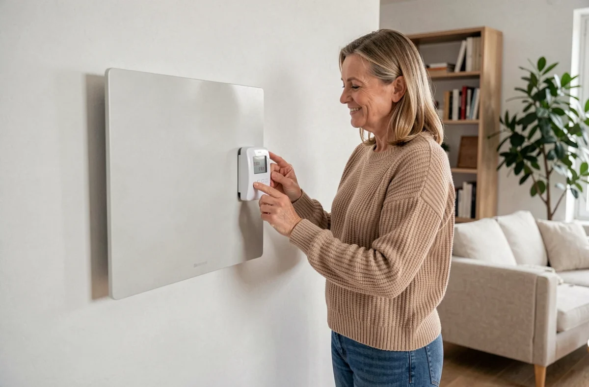 Femme ajustant un thermostat connecté dans un salon moderne équipé d'un panneau chauffant mural performant