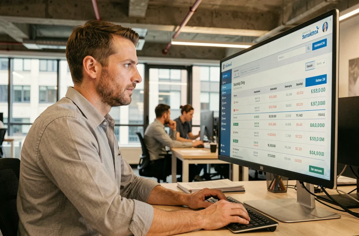 Chef d'entreprise vérifiant les prélèvements automatiques sur son compte professionnel en ligne