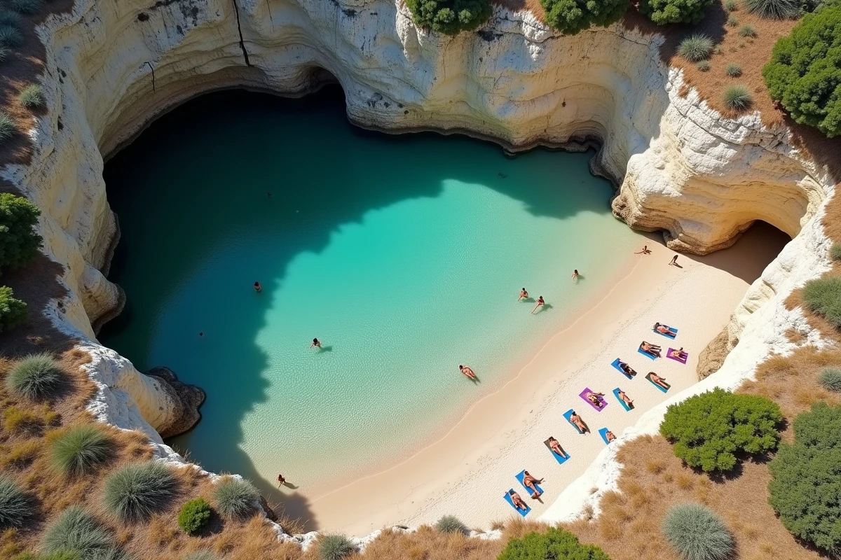 Vue aérienne d'une crique secrète aux eaux transparentes dans la garrigue au sud de Nîmes avec quelques baigneurs